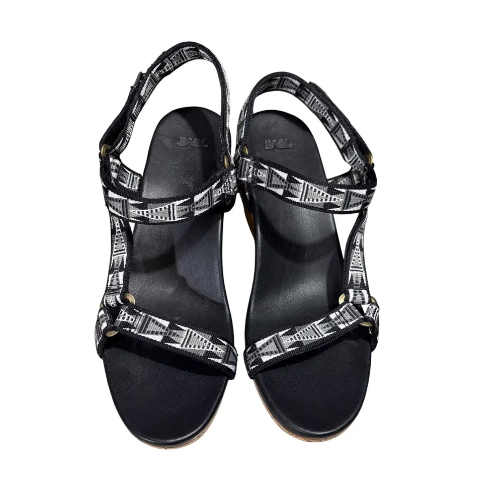 Teva Zirra Wedge Sandals‎ Women 8 Black White Cork Geometric Strappy EUC